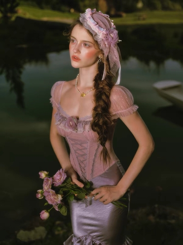 LaceMade áo corset ren tay phồng phối chân váy satin_V52