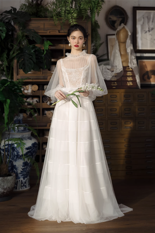 Váy cưới ren cổ cao dáng dài thanh lịch_I28