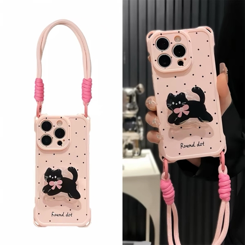 Ốp lưng mèo đen nơ hồng kèm dây đeo_O222 (Iphone, Huawei, Honor, OPPO, Vivo, Xiaomi & Redmi)