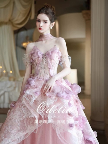 Váy dạ hội trễ vai đính hoa_I102