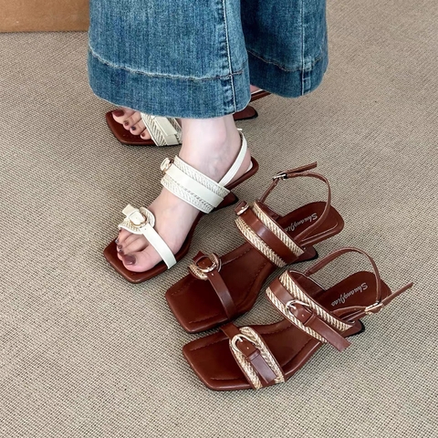 Giày sandal quai ngang phối dây đan thanh lịch_D01