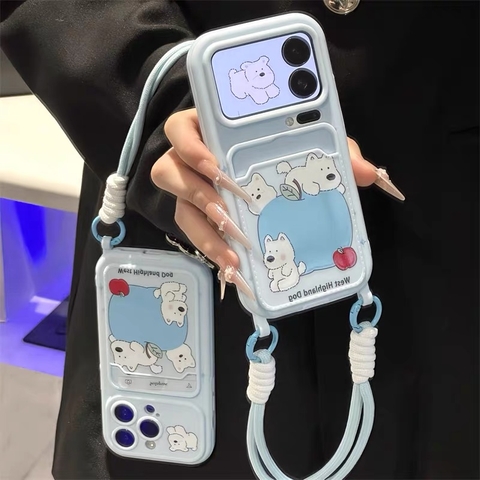 Ốp lưng điện thoại hoạt hình Gấu Trắng xanh pastel kèm dây đeo_O163