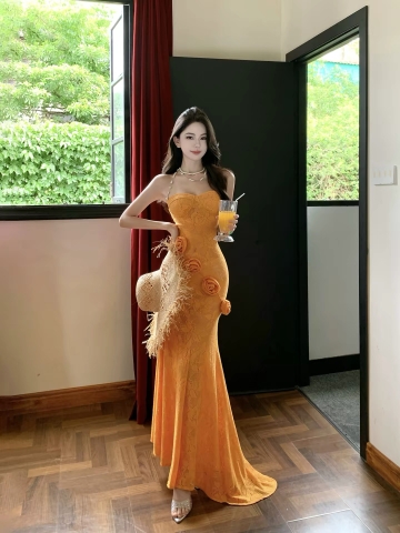 Váy maxi ren dáng ôm phối hoa_Y116