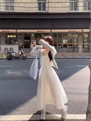 Áo cardigan len phối đầm maxi ren trắng_V05