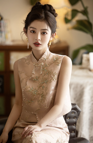 Sườn xám cách tân gấm thêu phong cách tiểu thư_I70