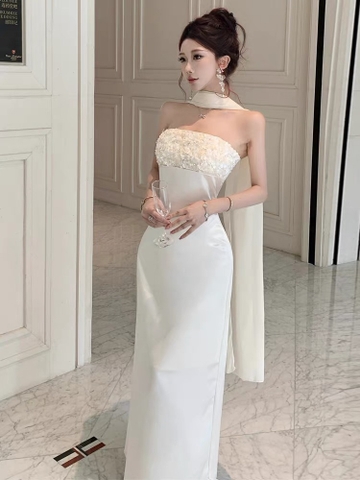 Váy cúp ngực đính hoa phối khăn choàng_Y62