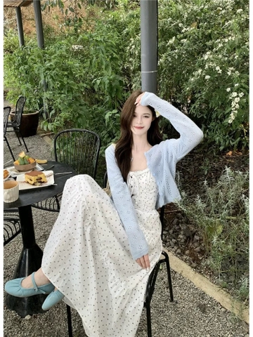 Đầm maxi hoa nhí phối áo cardigan len_V06