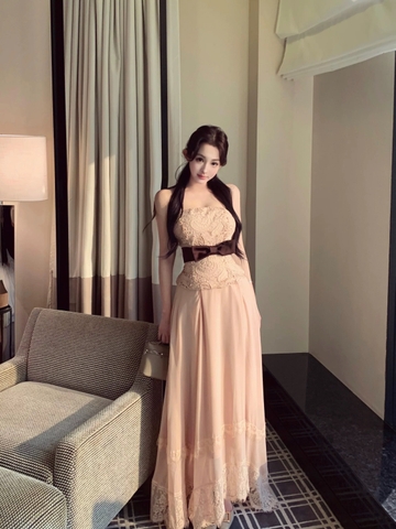 Áo ren chân váy dài thắt nơ eo tiểu thư_V33