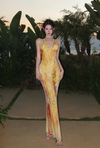 Đầm cổ yếm họa tiết loang màu_Y45