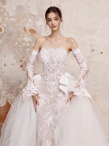 Váy cưới ren ôm dáng phối tùng voan_I129
