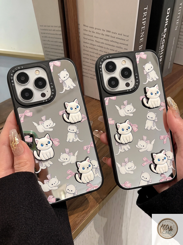 Ốp lưng iPhone tráng gương đính charm Mèo Trắng 3D nơ hồng kèm dây đeo ngọc trai