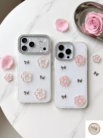 Ốp Lưng Iphone Nhũ Lấp Lánh Đính Hoa Trà & Nơ Bạc Sang Trọng