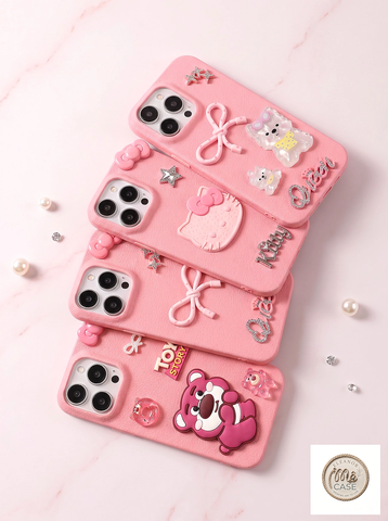 Ốp Lưng iPhone Da Vân Pink Luxury Gắn Charm