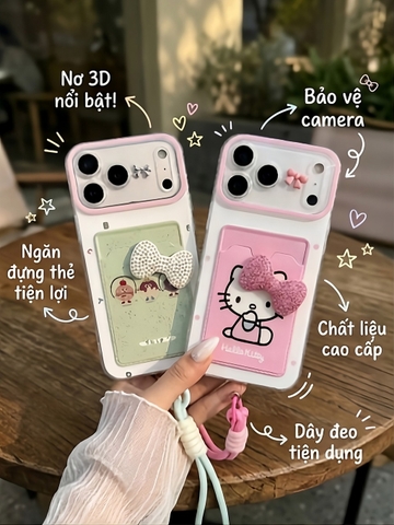 Ốp Lưng iphone_ Ốp Ví Kitty Đính Nơ 3D Dễ Thương
