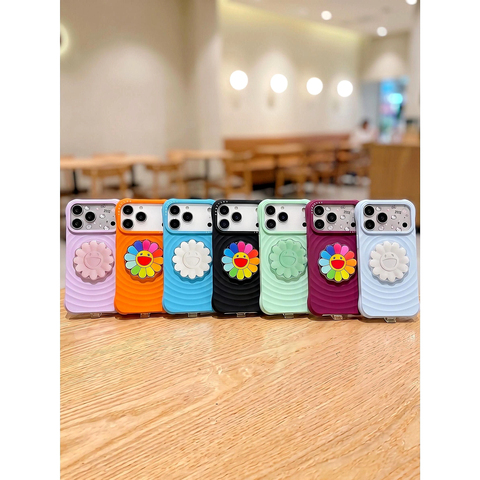 Ốp Lưng Iphone Vân Gợn Sóng Đính Charm Nổi 3D Hoa Mặt Cười Chống Sốc