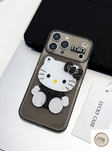 Ốp Lưng Hello Kitty Gương 3D Phủ Nhũ – Phiên Bản Đen Trắng Huyền Bí
