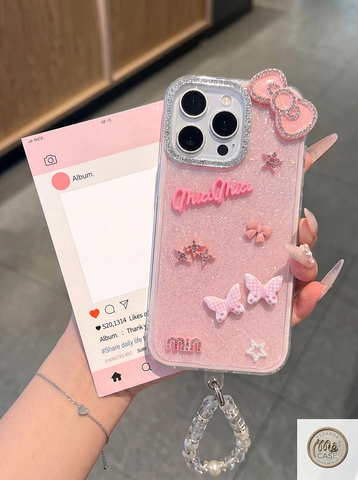 Ốp Lưng iPhone Hồng Nhũ Nơ Xinh Bling Bling