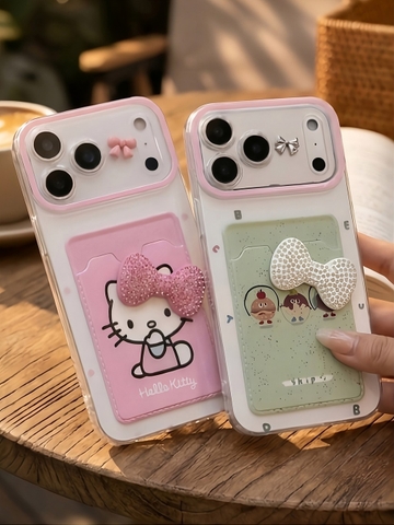Ốp Lưng iphone_ Ốp Ví Kitty Đính Nơ 3D Dễ Thương