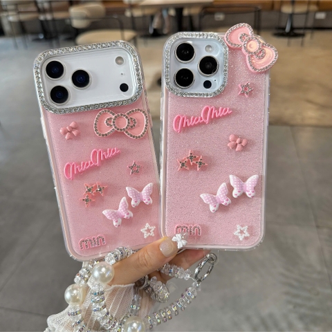 Ốp Lưng iPhone Hồng Nhũ Nơ Xinh Bling Bling