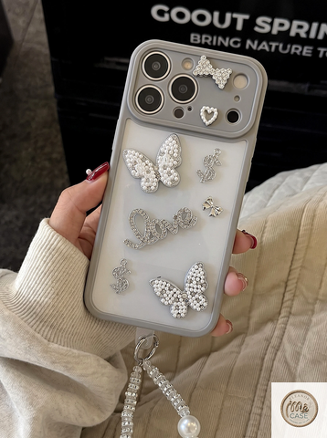 [Kèm Dây Đeo Hạt Ngọc] Ốp Lưng iPhone MÊ CASE Đính Charm Bướm Bạc Phối Đá Lấp Lánh Siêu Sang