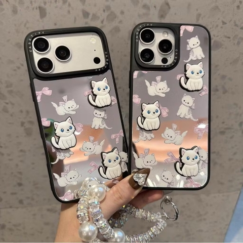 Ốp lưng iPhone tráng gương đính charm Mèo Trắng 3D nơ hồng kèm dây đeo ngọc trai