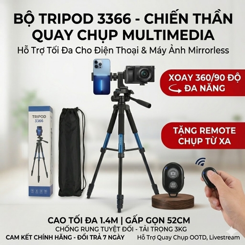 Chân Máy Ảnh, Điện Thoại Tripod 3366 Cao 1m4 Hợp Kim Nhôm - Kèm Kẹp và Remote Chụp Từ Xa