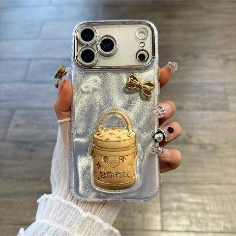 Ốp Lưng Bling Bling iPhone - Nhũ Bạc Ánh Kim, Viền Cam Nạm Đá