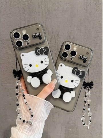 Ốp Lưng Hello Kitty Gương 3D Phủ Nhũ – Phiên Bản Đen Trắng Huyền Bí