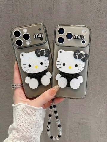 Ốp Lưng Hello Kitty Gương 3D Phủ Nhũ – Phiên Bản Đen Trắng Huyền Bí