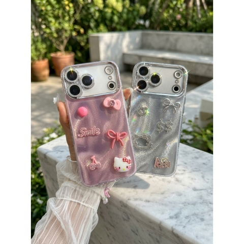 Ốp Lưng iPhone Hồng Ánh Kem và Nơ Bạc Kẹo
