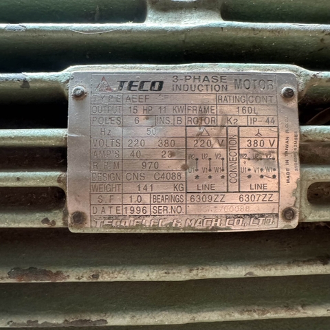 Motor Teco 15Hp -6P tua 970 vòng 145kg