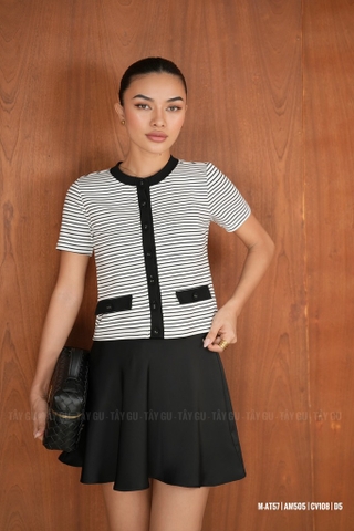 Áo Sọc Viền Đen Cổ Tròn Có Nút Tay Ngắn PATI Taygu | AT57