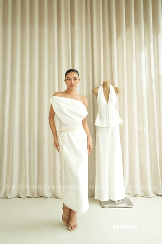 Đầm Trắng Lệch Vai Linen Thanh Lịch VELLA Taygu | DTK170