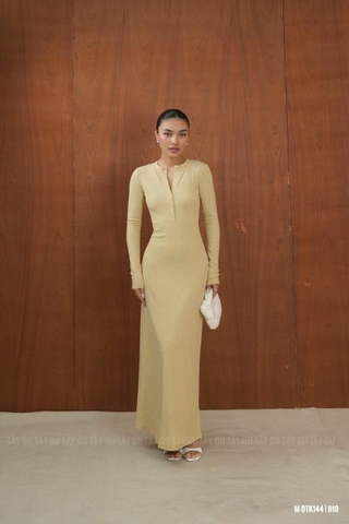 Đầm Thun Vàng Cổ Tròn Cài Nút Trước Dáng Xòe INVA Taygu | DTK144