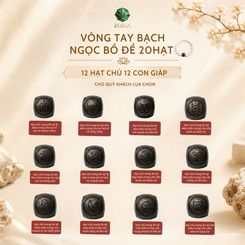 Vòng Tay Bạch Ngọc Bồ Đề 20 Hạt 12 Con Giáp