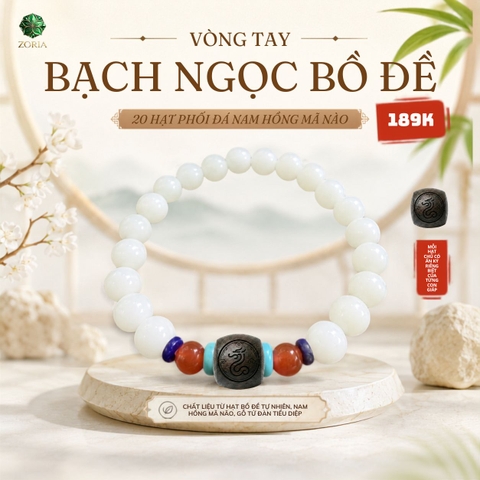 Vòng tay bạch ngọc bồ đề 20 hạt phối đá nam hồng mã não