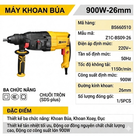 Máy khoan búa điện 3 chức năng BOSI BS660510
