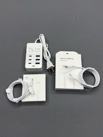 COM 1 BỘ SẠC 6 CỔNG + 2 DÂY SẠC DÙ USB-C , LIGHTNING CAO CẤP