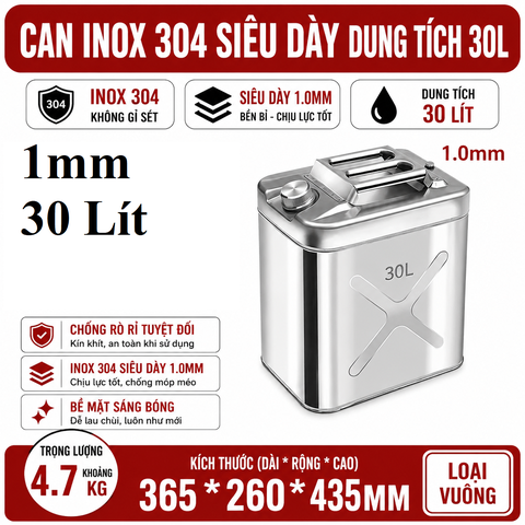 Thùng Xăng Dự Phòng Inox 304 Không Gỉ, Dung Tích 30L , Mã BS-FTB-30 , Thép Dày 1mm, Dung Tích Lớn Cho Showroom Xe Nhà Xưởng