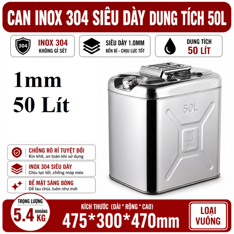 Thùng Xăng Dự Phòng Inox 304 Không Gỉ, Dung Tích 50L , Mã BS-FTB-50 – Thép Dày 1mm, Dung Tích Lớn Cho Showroom Xe Nhà Xưởng