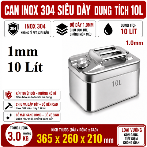 Thùng Xăng Dự Phòng Inox 304 Không Gỉ, Dung Tích 10L ( Loại Vuông) , Mã BS-FTB-10, Thép Dày 1mm, Dung Tích Lớn Cho Showroom Xe Nhà Xưởng