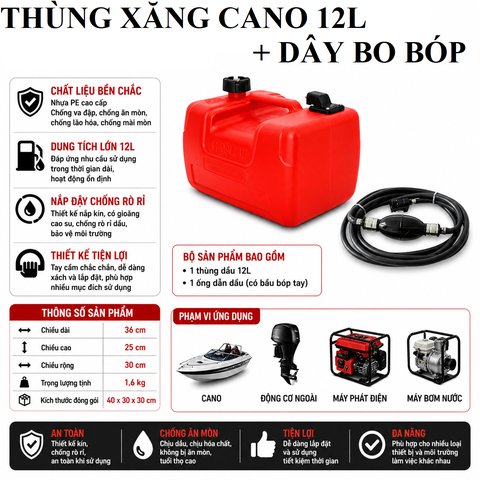 Combo Thùng Xăng Cano Gắn Ngoài 12L kèm theo dây bo, nhựa siêu cứng, Dung Tích 12L , Mã BS-CN-12D, làm bình xăng chính cho tàu cano , máy phát điện, tàu thuyền, kích thước 36x25x30cm, cân nặng 1.6kg,  kèm dây bo bóp