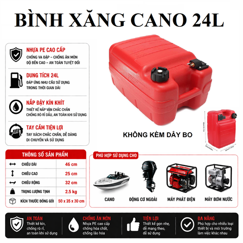 Thùng Xăng Cano Gắn Ngoài 24L , nhựa siêu cứng, Dung Tích 24L , Mã BS-CN-24, làm bình xăng chính cho tàu cano , máy phát điện, tàu thuyền, kích thước 46X25X30cm, cân nặng 2.5kg
