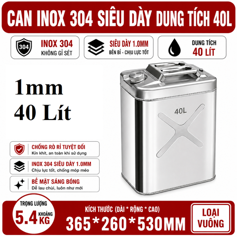 Thùng Xăng Dự Phòng Inox 304 Không Gỉ, Dung Tích 40L , Mã BS-FTB-40 – Thép Dày 1mm, Dung Tích Lớn Cho Showroom Xe Nhà Xưởng