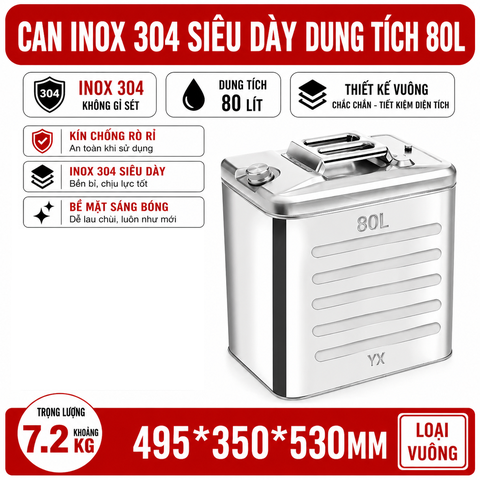 Thùng Xăng Dự Phòng Inox 304 Không Gỉ, Dung Tích 80L , Mã BS-FTB-80 – Thép Dày 1mm, Dung Tích Lớn Cho Showroom Xe Nhà Xưởng