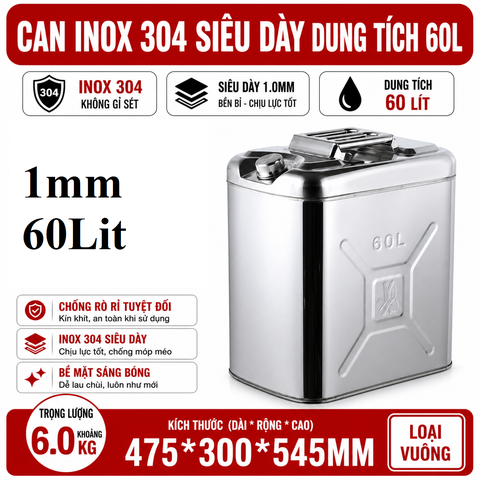 Thùng Xăng Dự Phòng Inox 304 Không Gỉ, Dung Tích 60L , Mã BS-FTB-60 – Thép Dày 1mm, Dung Tích Lớn Cho Showroom Xe Nhà Xưởng