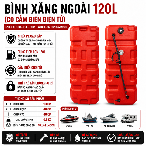 Thùng Xăng Cano Gắn Ngoài 120L , nhựa siêu cứng, Dung Tích 120L , Mã BS-CN-120, làm bình xăng chính cho tàu cano , máy phát điện, tàu thuyền, kích thước 93x40x40cm, cân nặng 9.8kg