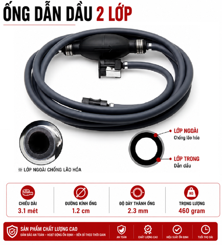 Dây bo bóp xăng cho Thùng Xăng Cano 12L/ 24L , Có Đầu Bóp Van 1 Chiều, Bằng Cao Su, Phi 12mm, Nặng 460g, Loại Tốt