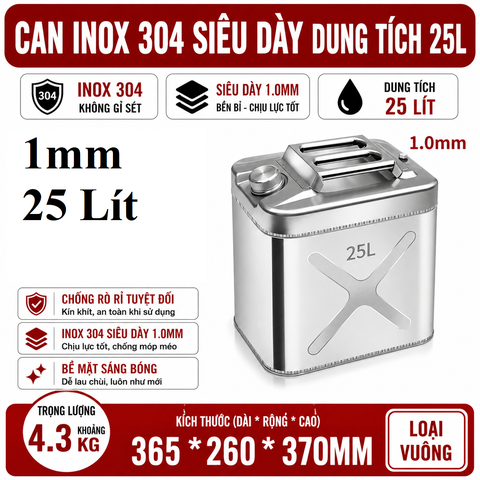 Thùng Xăng Dự Phòng Inox 304 Không Gỉ, Dung Tích 25L , Mã BS-FTB-25, Thép Dày 1mm, Dung Tích Lớn Cho Showroom Xe Nhà Xưởng