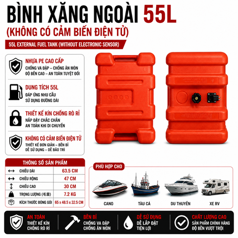 Thùng Xăng Cano Gắn Ngoài 55L , nhựa siêu cứng, Dung Tích 55L , Mã BS-CN-55, làm bình xăng chính cho tàu cano , máy phát điện, tàu thuyền, kích thước 69X49X31cm, cân nặng 5.5kg